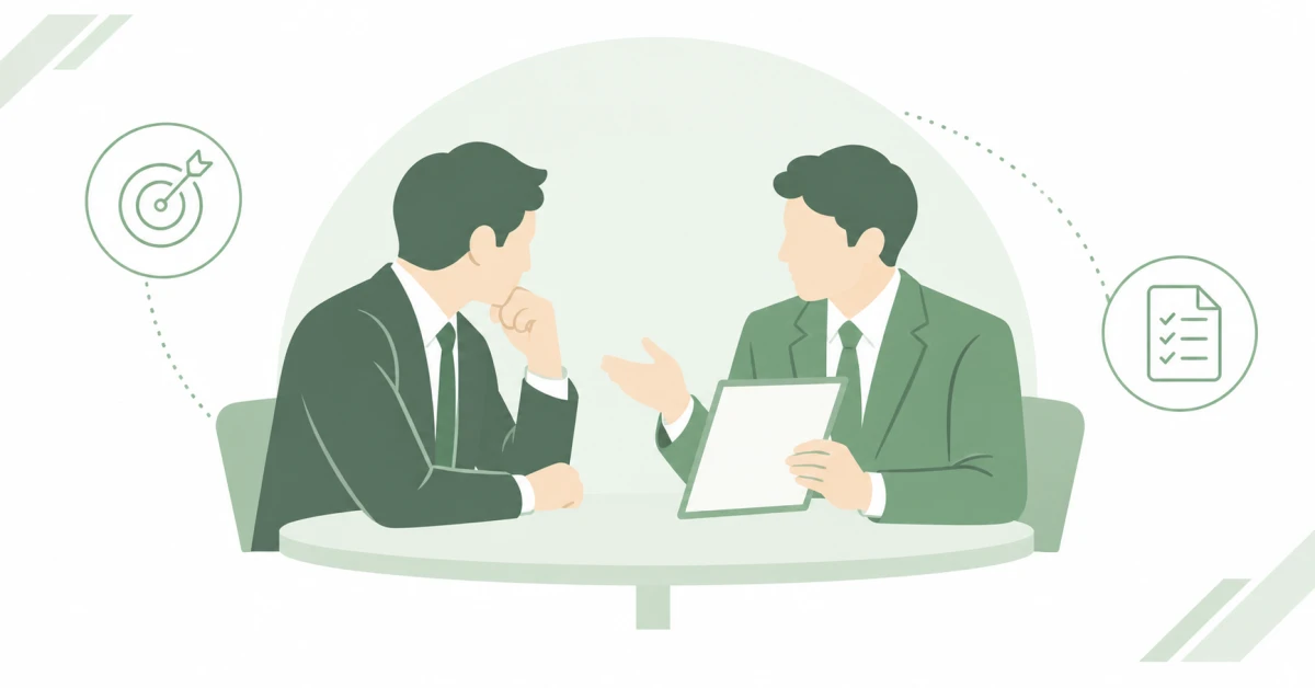 資料をもとに店舗の課題と打ち手を相談するイラスト