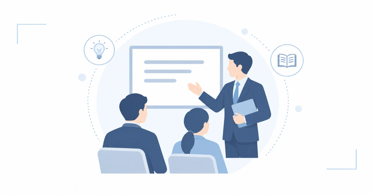 講師の説明を聞く企業向けセミナーのイラスト